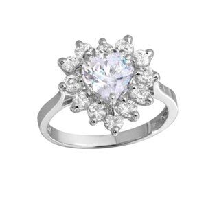 Sterling Silver 925 Rhodium Plated CZ Heart Flower Ring
